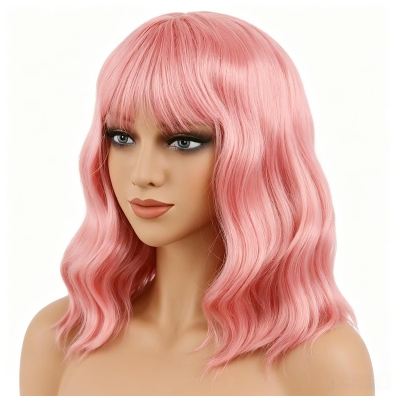 Pink Wig with Bangs 14 Inch Synthetic Wavy Bob Wig