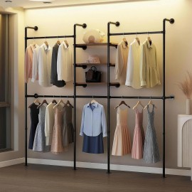 Unbranded Pipe Clothing Racks with 3 Shelves Wall Mounted Clothes Rack with LED Lights