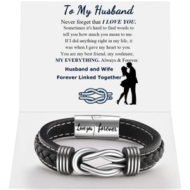 QWNHONEY Valentines Day Gifts for Husband Birthday Anniversary Christmas Infinity Knot Leather Bracelet Black Braided Cuff 8.5 Inches