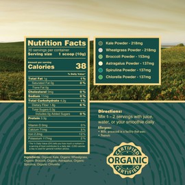 Pure Choice Whey Organic Greens Superfood Powder, USA Grown - Kale, Alfalfa Grass, Wheatgrass, Barley Grass, Astragalus, Spirulina, Oat Grass & Chlorella, USA Grown (10.6 oz, 1 Month Supply)