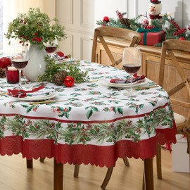 Newbridge Christmas Green and Red Nature’s Poinsettia Scalloped 60 x 84 Inch Oval Holiday Fabric Tablecloth