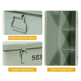 Xbopetda Seed Storage Organizer, 4 Compartment Seed Storage Box with Safety Lock, Metal Seed Box Container with 2 Pens, 20 Plant Labels and 50 Seed Envelopes for Seed Packet & Small Garden Tool, Green