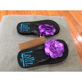 LOLLZ Girls Shoes Kids Waveware Flip Flops Arch Support Black Purple Flower SIZE 9/10