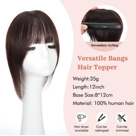 Hair Toppers For Women Real Human Hair,12inch Wispy Clip In Bangs Toppers Hair Pieces For Women With Thinning Crown, 360°3D Cover Realistic Scalp Line Hairpieces (Dark Brown)
