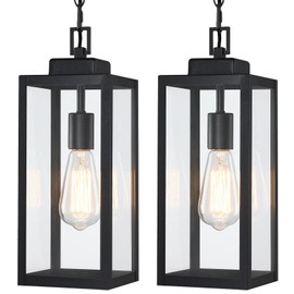 MYHXQ 2 Packs 15'' Large Outdoor Pendant Light, Modern Outside Chandelier Outdoor Hanging Lantern Light, Matte Black with Clear Glass, Exterior Pendant Lighting Fixture Ceiling Mount for Porch, Gazebo