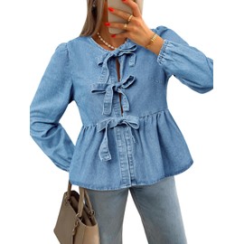 Tankaneo Womens Denim Tie Front Tops Babydoll Peplum Cute Blouse Puff Long Sleeve Going Out Jean Shirts