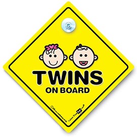 Twins on Board Car Sign, Twins VCar Window Sign, One of Each Twin Sign, Yellow and Black Car Sign with Rubber Suction Cup