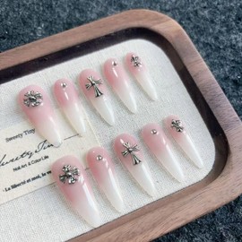 [Set of 10] Nail Tips, 3D Design, Long & Short, Korean Style, Cute, Fake Nails, Blue, Red, Pink, Black, Mine Type, Cat Eye, With Rhinestones, For School Entrance Ceremonies, Graduation Ceremonies