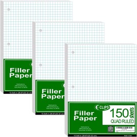 AUKSales Loose Leaf Paper, Quad Ruled Filler Paper | 450 Sheets, 150 Sheets in each case | 3-Hole Punched, 10-1/2’’ x 8’’ Perfect for Notetaking | Case Pack of 3