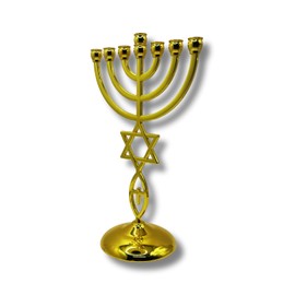3 Arches USA 7 Branch Menorah - Jerusalem Temple Messianic Menorah, Gold & Silver Plated, 8.5" Tall - Messianic Symbol Home Decor with Star of David & Ichthys (Gold)
