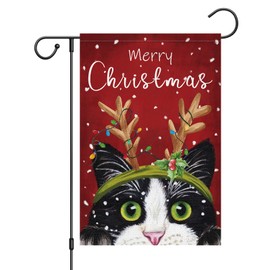 Louise Maelys Merry Christmas Garden Flag 12x18 Double Sided, Burlap Winter Christmas Black Cat Garden Yard Flags for Xmas Christmas Outside Outdoor Decoration (ONLY FLAG)