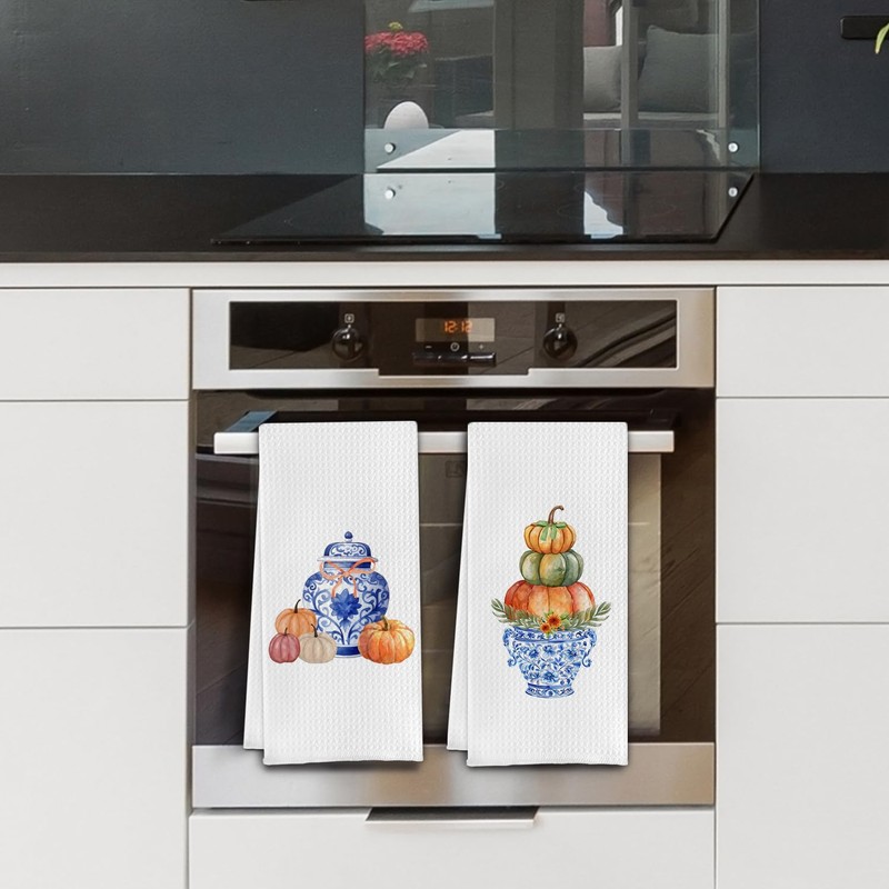 Elefeltclave Fall Chinoiserie Pumpkin Kitchen Towels, Blue and White Chinoiserie