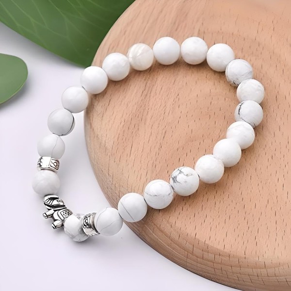 PawsFourLove Elephant Gift Bracelet, 8mm Natural Howlite Stone Bracelets for