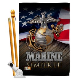 HS137034-BO Marine Semper Fi Americana Military Veteran Decorative Gift Vertical 28" x 40" Double Sided House Flag Set Pole Bracket Hardware Made in USA