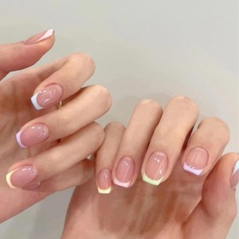 Short Square False Nails French Tip - 24Pcs Purple White Blue Yellow Edge Fake Nail - Colorful Designs Stick on Nails - Coffin Press on Nails Natural Fit Glue-on Nail Full Cover Glossy Women Nail Art