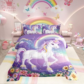 Erosebridal Rainbow Unicorn Bedding Set Twin for Princess,Purple Unicorn Kids Comforter Sets with Stars Cloud for Girls,Cartoon Rainbow with Flower Duvet Insert with 1 Pillowcase Bedroom Decor