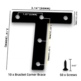 10 Pcs Black Flat T Bracket | 3.15 x 3.15'' Mending Plates for Wood Furniture | Metal Triangle Shelf Bracket for Wood Shelves| Corner Brace Connector for Table/Cabinet/Desk