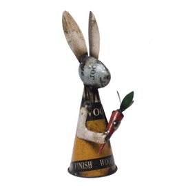 DeKulture Adorable Recycled Iron Rabbit with Carrot Statue | Easter Decoration | Yard Art, Fence Topper (4.7x4.7x14 Inches)