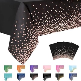 MORAINJAY 4Pcs Black and Rose Gold Dot Party Tablecloth,137x274cm Rectangle Disposable Table Cloth,Waterproof Plastic Confetti Table Cover for Picnic,Wedding, Birthday,Christmas Table Decorations