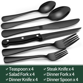 EWFEN 24-Piece Silverware Set with Steak Knives, Food-Grade Stainless Steel Tableware Cutlery Set for 4, Mirror Finished Flatware Utensil for Home Restaurant Black