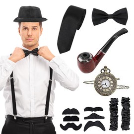 Lukovee Gatsby Hombre Accesorios de Los Años 20, 8 Juego de Accesorios de Disfraz para Hombre de 1920s de Fiesta Rugientes con Gorro, Tirantes en la Espalda en Y, Pajarita, Reloj, Barba