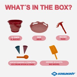 Schildkröt 7-in-1 Sand Toys Set, Innovative Sand Play Set in Handbag Size, Compact and Space-Saving, Foldable 3 Litre Bucket with 6 Sand Toys for Digging, Shaping, Sieving and Raking, 970245