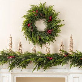 Glitzhome 24 Inch Christmas Wreaths for Front Door, Artificial Greenery Wreath with Pine Cones and Red Berries for Windows, Walls, Porches, Indoor and Outdoor Home Decoration