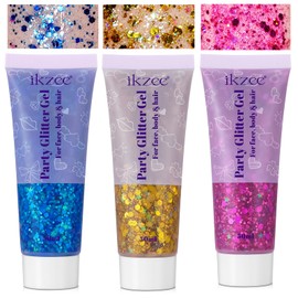 Body Glitter Gel 3PCS, 50ml Blue Gold Red Face Hair Glitter Gel Sequins Shimmer Liquid Eyeshadow, Liquid Holographic Glitter Gel, Chunky Glitter for Music Festival, Parties, Performances, Stages