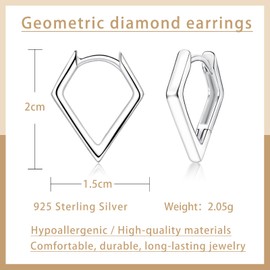 Glintara 925 Sterling Silver Hoop Earrings, Silver Rhombus-Shaped Hoop Earrings for Women Girls Minimalist Hoops Earrings Hypoallergenic, Cartilage Sleeper Earrings Gifts for Mother's Day Birthday