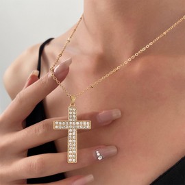 Yienate Punk Crystal Cross Pendant Necklace Vintage Gold Pave Crystal Cross Necklace Choker Statement Sparkling Rhinestones Religious Large Cross Necklace Jewellery for Women and Girls, Zinc, No
