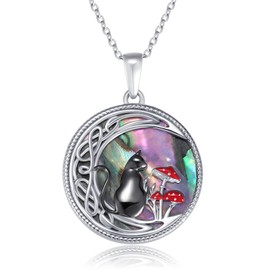 PARYFO Black Cat Pendant Necklace 925 Sterling Silver Celtic Moon Pendant Mushroom Necklace Cat and Mushroom Jewellery Gifts for Women Girls Sterling Silver, ster
