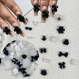 100 Pcs Flower Nail Charms Black White Design Mixed Flowers Bow Bear Nail Supply Black White Flowers Bows Bear Nail Art Charms for Women DIY Manicure Tips Flowers Nail Decoration Accessories