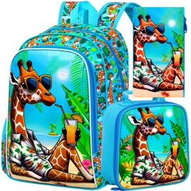 TXHVO 3Pcs Backpack for Boys, 16" Giraffe Kids Bookbag Set for Elementary Preschool Kindergarten, School Backpacks with Lunch Box(Blue)