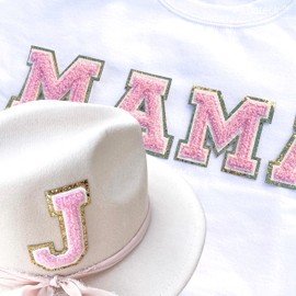 Ebateck Chenille Letter Patches Iron On, Varsity Letters Patch for Clothing Jacket English A-Z Alphabet Embroidered Appliques with Gold Glitters Border (Pink)