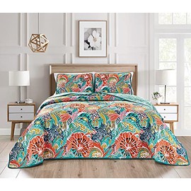 Grand Linen 3-Piece Fine Printed (90 X 88 Inch) Quilt Set Vibrant and Bright Reversible Bedspread Coverlet (Double) Full Size Bed Cover (Turquoise, Blue, Orange Boho, Multi Floral)