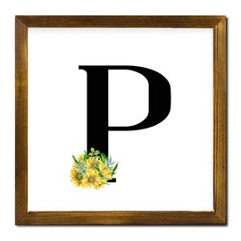 SILYHEART Monogram Letter P Wood Framed Signs Black Letter Sunflower Flower Wood Panels Classic Inspired Monogram Home Wall Decoration for Home Front Door Porch Garden Yard 12x12 Inch