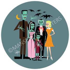 The Munsters Family Round 3" Sticker Herman Lily Marilyn Grandpa Doug Mansfield