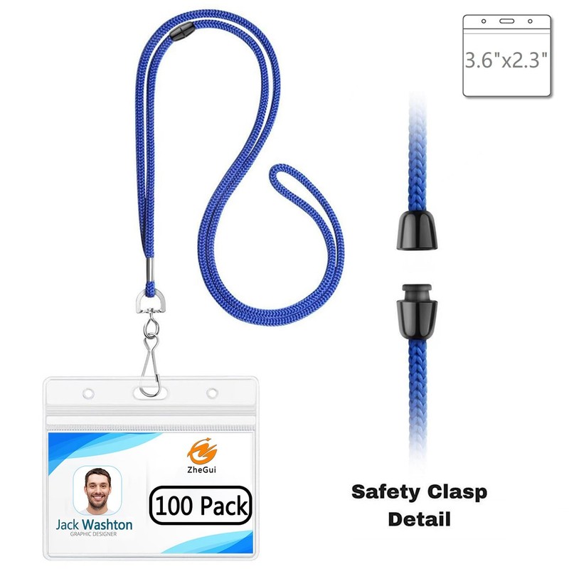 Horizontal ID Badge Holder with Breakaway Lanyards Clear Plastic Name