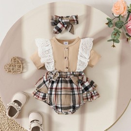 HEOXIN Baby Girl Dress, Lace Ruffle Edge Short Sleeves Snap Button Crotch Checked Pattern Crew Neck Bow Knot Headband Baby Romper Clothing Set Dresses Clothes, Khaki, 0-18 Months, khaki
