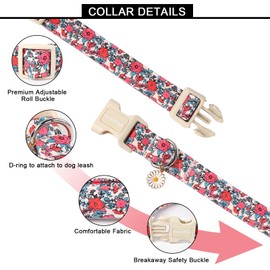 Lionet Paws Floral Dog Collar- Cute Red Pink Flower Dog Collars with Plastic Buckle, Light Adjustable Dog Collars for Medium Dogs