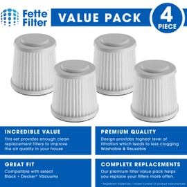 Fette Filter - Vacuum Filter Compatible with Black and Decker Flex Vac FHV1200. Compare to Part # FVF100 - Pack of 4