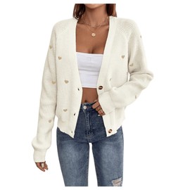 GORGLITTER Women's Cardigan Casual Knitted Coat Outwear Pullover Thin Jacket Sweater Coat with Heart Embroidery, White