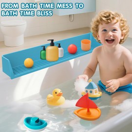IwelKee Bathtub Splash Guard for Tub Kids, Longer Silicone Water Splash Guard for Bathtub, Toy Holder Play Shelf for Bathtime, Prevents Water Spills in Bathroom (2.6 FT)