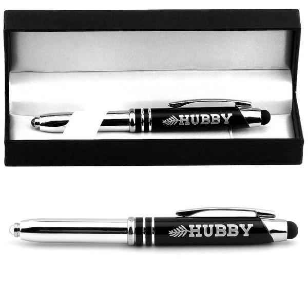 "HUBBY" Engraved Gift Pen w/LED Light & Stylus Tip - Gift Ideas for Husband from Wife for Anniversary, Wedding, Valentine's Day, Father's Day - Multi-function Pen with Presentation Box