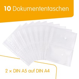 perfect line 10 Document Pockets, DIN A5 on A4, Filing Height 20 mm, Transparent Sleeves, Clear And Transparent, Brochure Cover With Flap, Velcro Closure and Filing Margin, Organiser Pockets Divided Into 2 Compartments