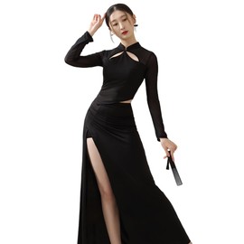 ROYAL SMEELA Chinese Qipao Dress for Women Cheongsam Mandarin Collar Chinese Dresses Traditional Clothes Black