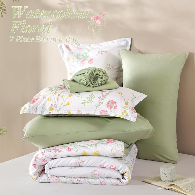 Yiran 7 Piece Pink Green Floral Comforter Set King Size,