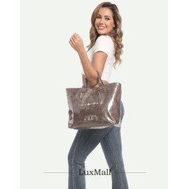 LuxMall Trendy PVC Tote Bag for Women, Kraft Paper The Letters Print Designer Tote Bag Large Hobo Handbag Kelly Bag with Top Handle for Work Travel Shopping Beach, Coffee Brown