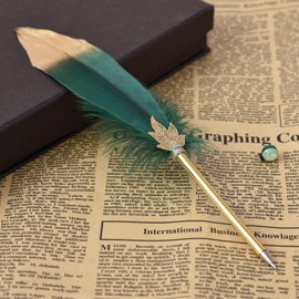 Quill Pen Vintage Feather Ballpoint Pen Refined Witchy Pen for Writing Signature or Gift Wedding Bridal (Dark green)