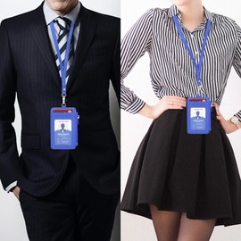 Yeeasy ID Badge Holder with Neck Lanyard PU Leather ID Badge Wallet Case with 1 ID Window, 4 Card Slots, 1 Side Zipper Pocket (Blue)